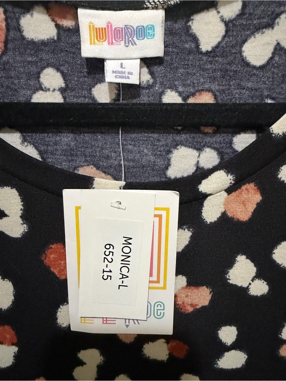 LuLaRoe Black Top with Cream and Rust Spot Print - Picture 3 of 3